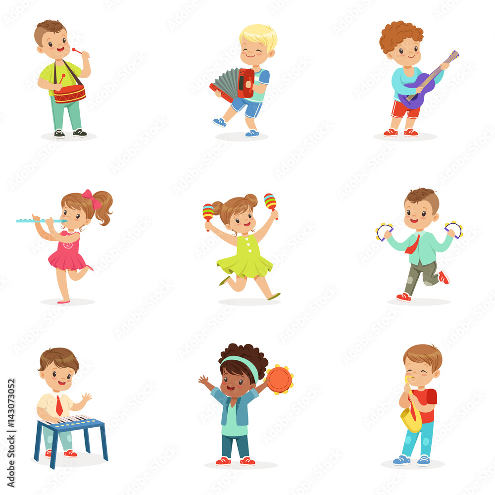 Cute children dancing and playing musical instruments, set for label design. Cartoon detailed colorful Illustrations