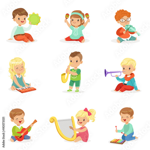 Little kids sitting and playing musical instrument  set for label design . Cartoon detailed colorful Illustrations