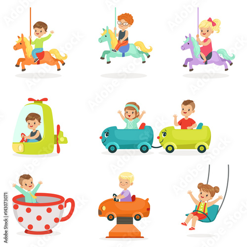 Children having fun in an amusement park, set for label design. Cartoon detailed colorful Illustrations