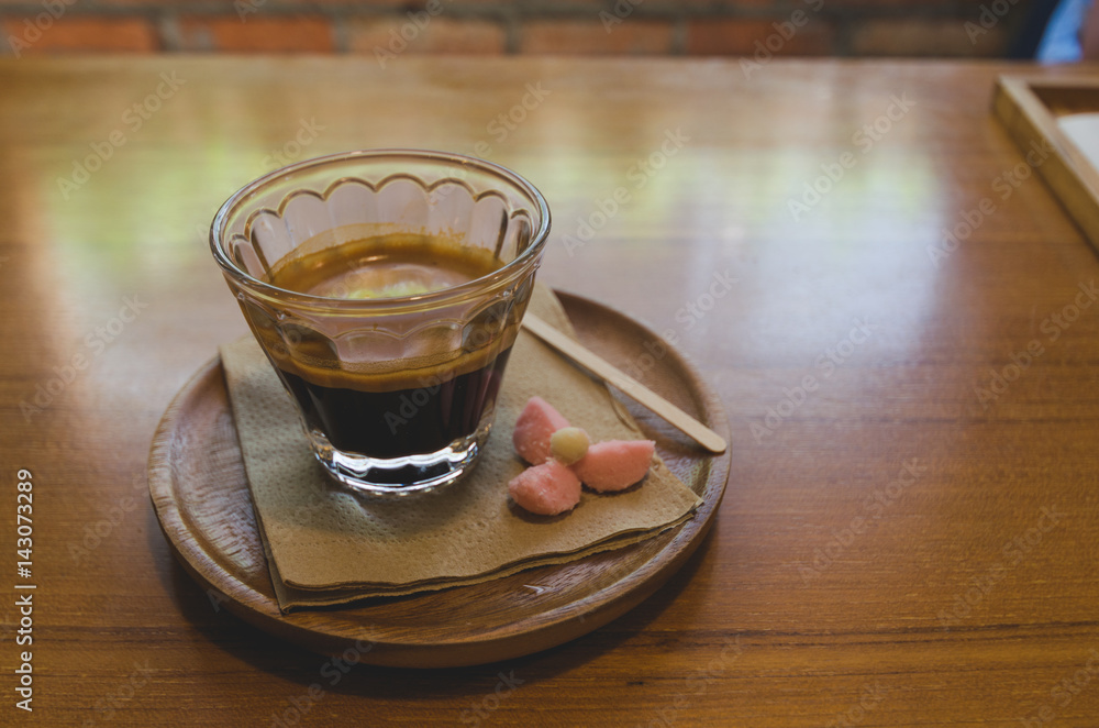 black coffee glass cup in coffee shop. black coffee glass cup in coffee shop.