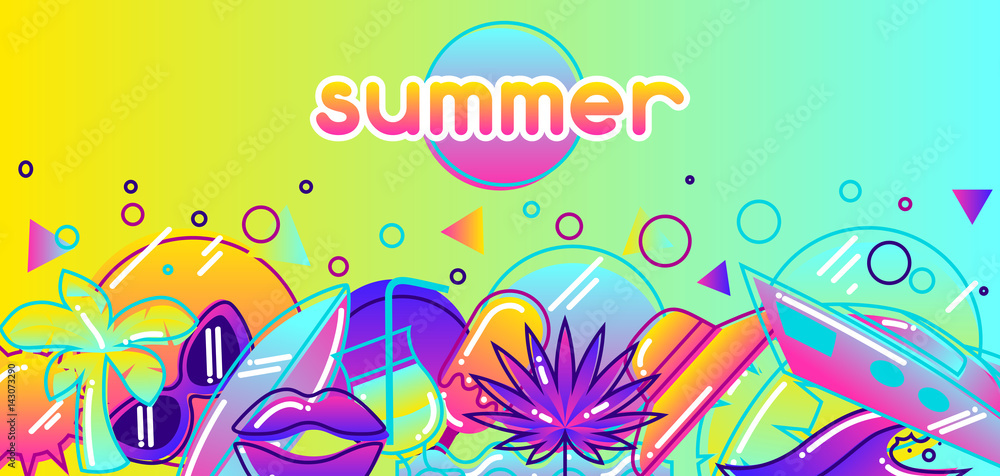 Background with stylized summer objects. Abstract illustration in vibrant color