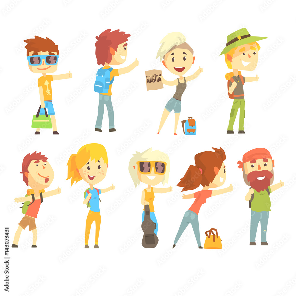 Hitch hike traveler person, set for label design. Cartoon detailed colorful Illustrations Hitch hike traveler person, set for label design. Cartoon detailed colorful Illustrations