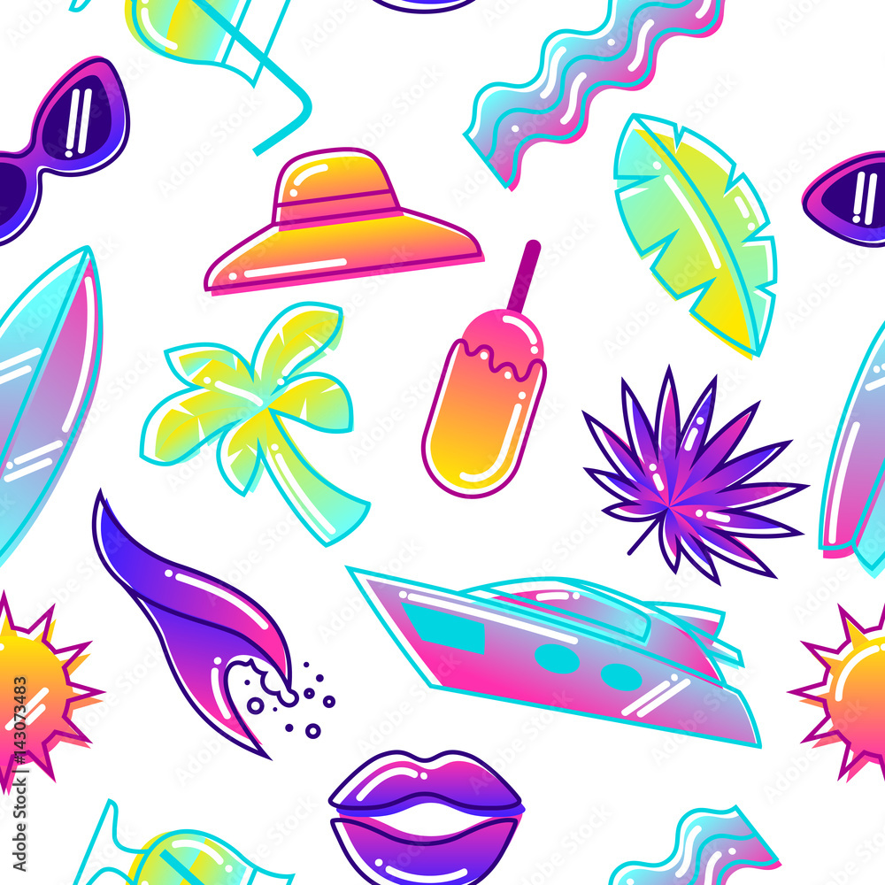 Seamless pattern with stylized summer objects. Abstract illustration in vibrant color Seamless pattern with stylized summer objects. Abstract illustration in vibrant color