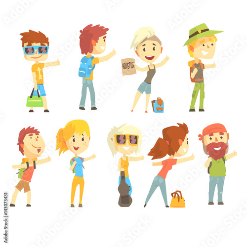 Hitch hike traveler person, set for label design. Cartoon detailed colorful Illustrations