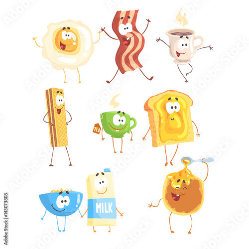 Funny fast food, set for label design. Breakfast products standing and smiling. Cartoon detailed Illustrations photo