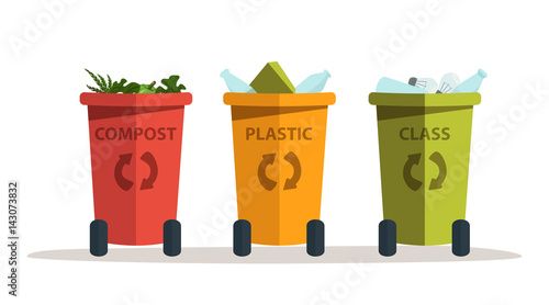 set of vector colored bins to sort the trash: compost, plastic, glass vector illustration on white background