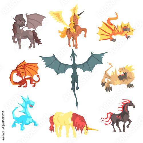 Mythical and fantastic creatures, set for label design. Cartoon detailed Illustrations