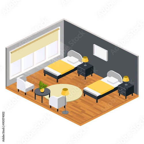 Living room isometric design with table chair two bed  carpet.City hostel hotel flat color illustration.Isometric hostel room.Flat hotel 3D illustration.Hostel hotel design concept in cartoon style  © Mary Long