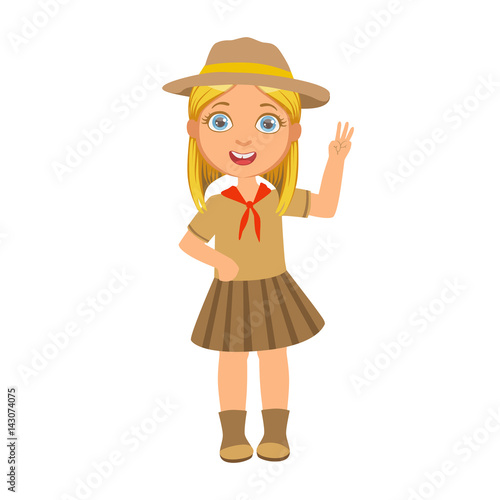 Girl scout raising her hand up and showing number three, a colorful character