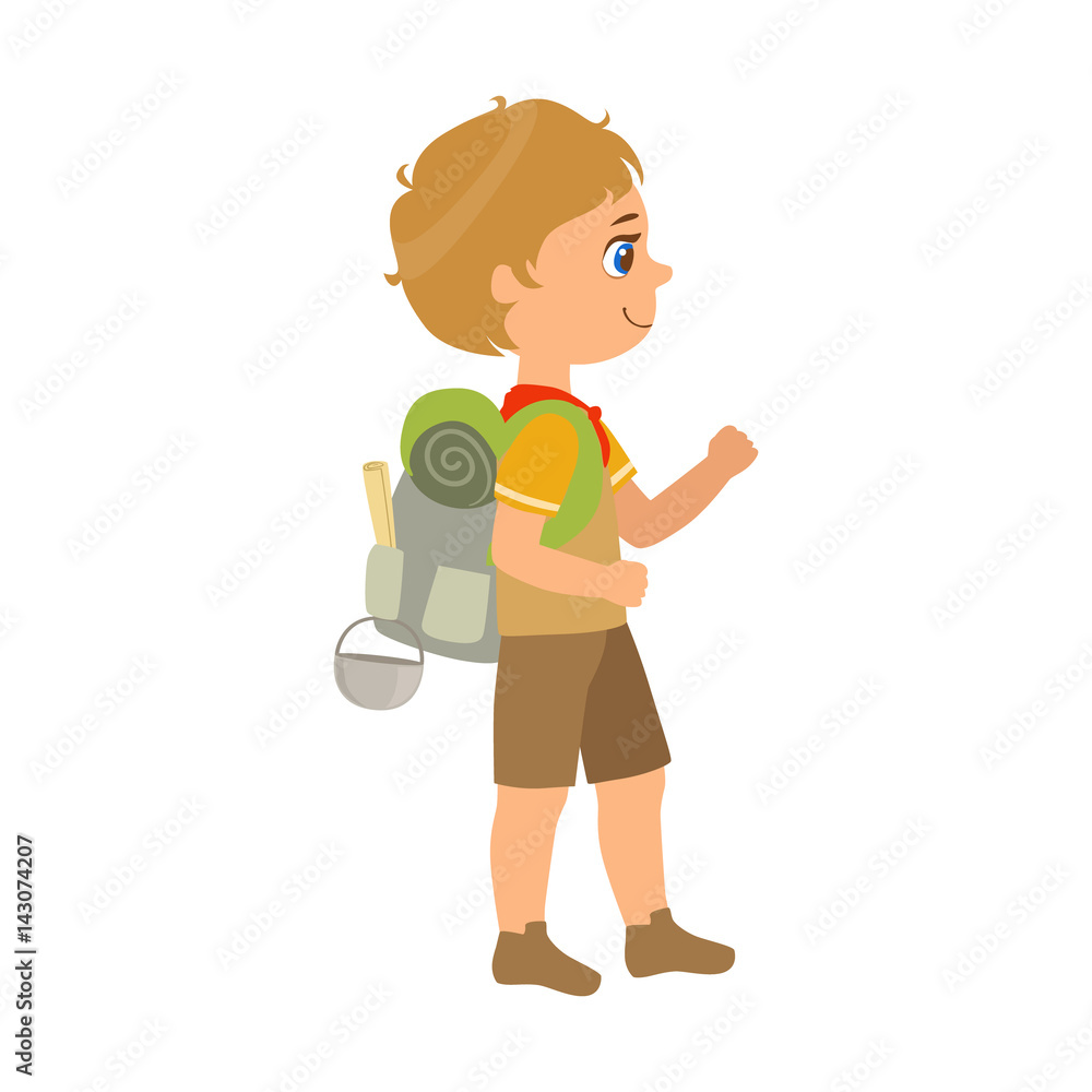 Girl scout carrying a backpack, side view, a colorful character Girl scout carrying a backpack, side view, a colorful character