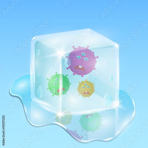 Frozen in a cube of ice, evil and sad microbes. Water and drops everywhere. Illustration in cartoon 3d style