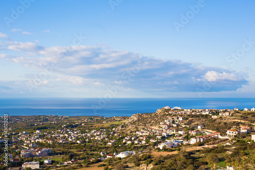 Top view of peyia village near the Mediterranean Sea in Cyprus