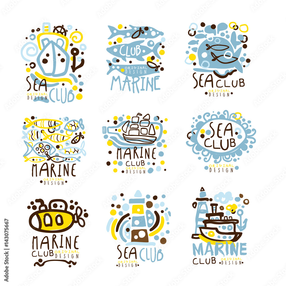 Obraz premium Sea club, marine club set for label design. Journey, summer holidays, beach party, cruises for use in the tourist industry colorful vector Illustrations