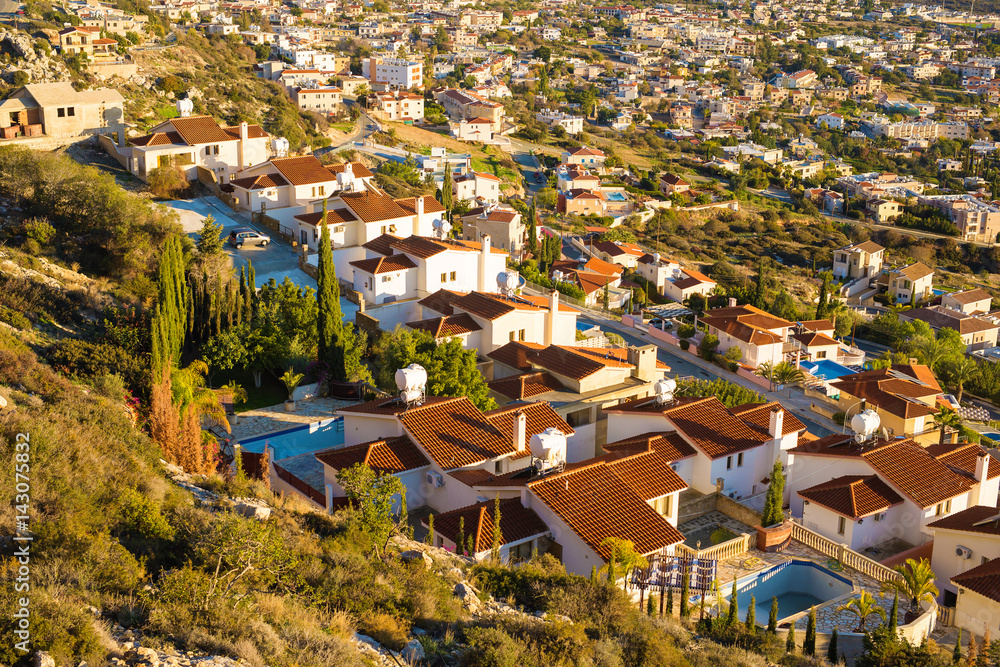 Top view of peyia village near the Mediterranean Sea in Cyprus