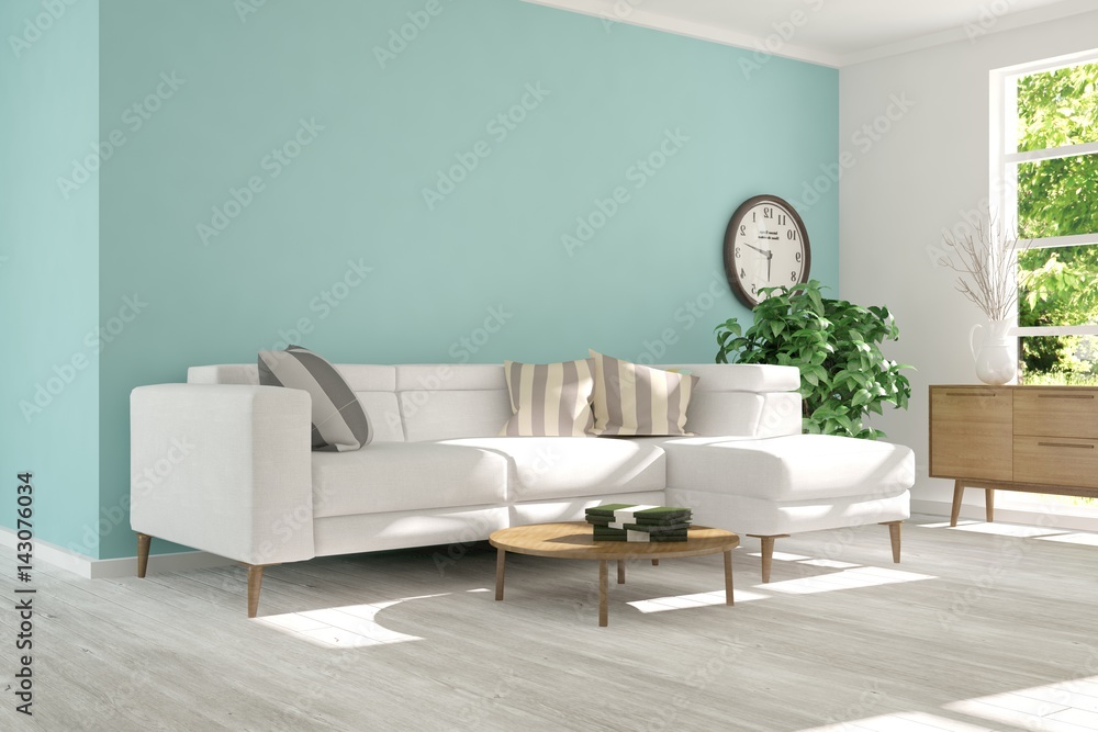 Fototapeta premium White room with sofa and green landscape in window. Scandinavian interior design. 3D illustration