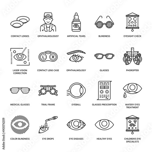 Ophthalmology, eyes health care line icons. Optometry equipment, contact lenses, glasses, blindness. Vision correction thin linear signs for oculist clinic.