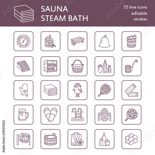 Sauna  steam bath line icons. Bathroom equipment birch  oak birch  bucket. Hammam  japanese  finnish  russian  infrared sauna sign. Spa relaxation accessories bathrobe  essential oils thin linear sign