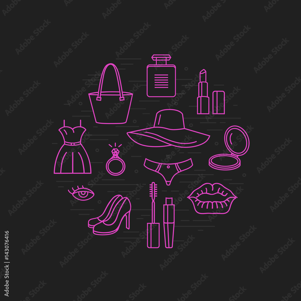 Woman round design template with beauty and makeup icons in trendy linear style on dark background. Woman round design template with beauty and makeup icons in trendy linear style on dark background.