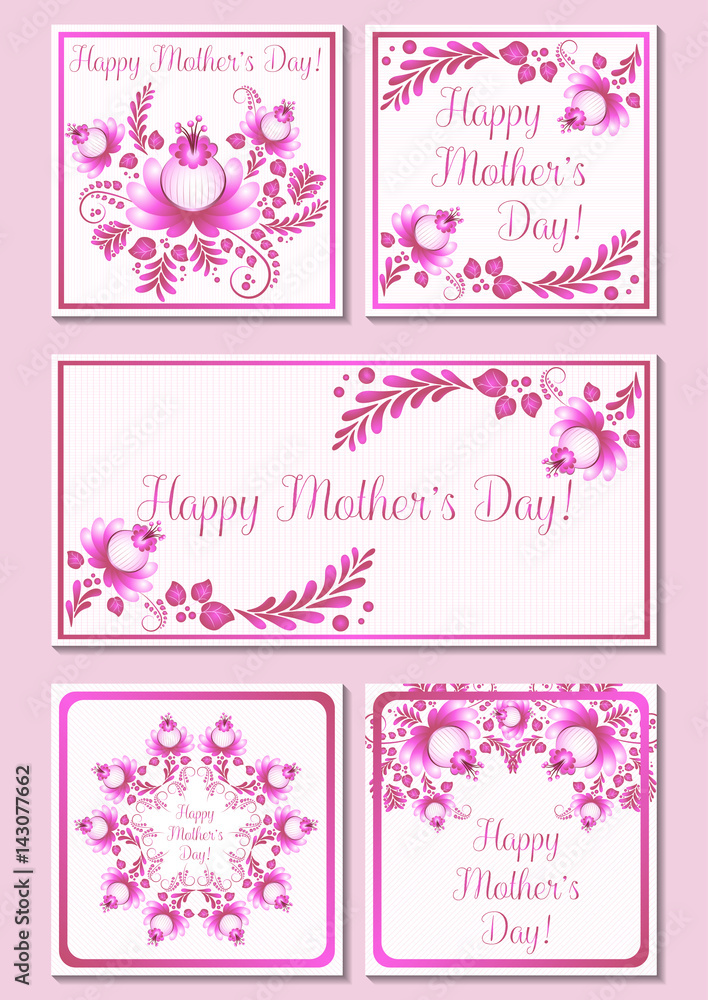Greeting cards with pink floral ornament. Postcards in five variants for Women's Day, Mother's Day, Birthday, Anniversary, Wedding. Vector illustration Greeting cards with pink floral ornament. Postcards in five variants for Women's Day, Mother's Day, Birthday, Anniversary, Wedding. Vector illustration