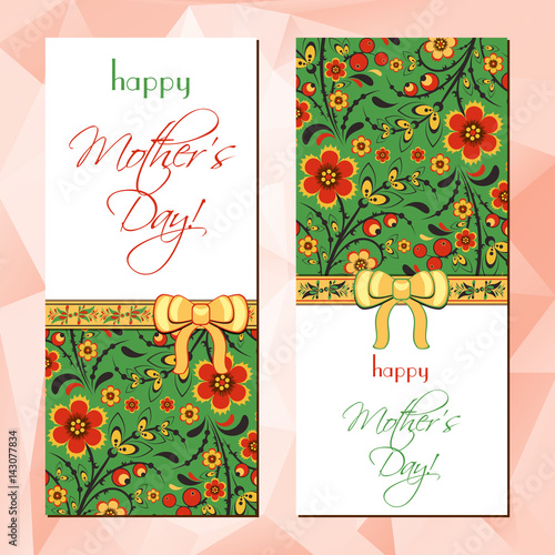 Greeting cards with Khokhloma floral ornament. Postcards in two variants for Women's Day, Mother's Day, Birthday, Anniversary. Vector illustration