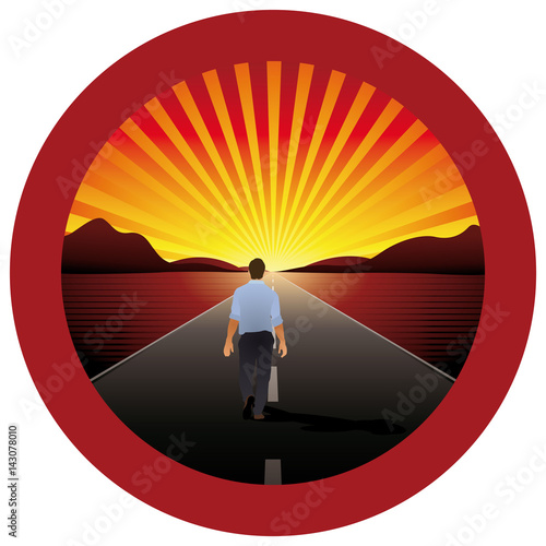 Man alone walking towards the horizon on a road with red round frame - Vector image