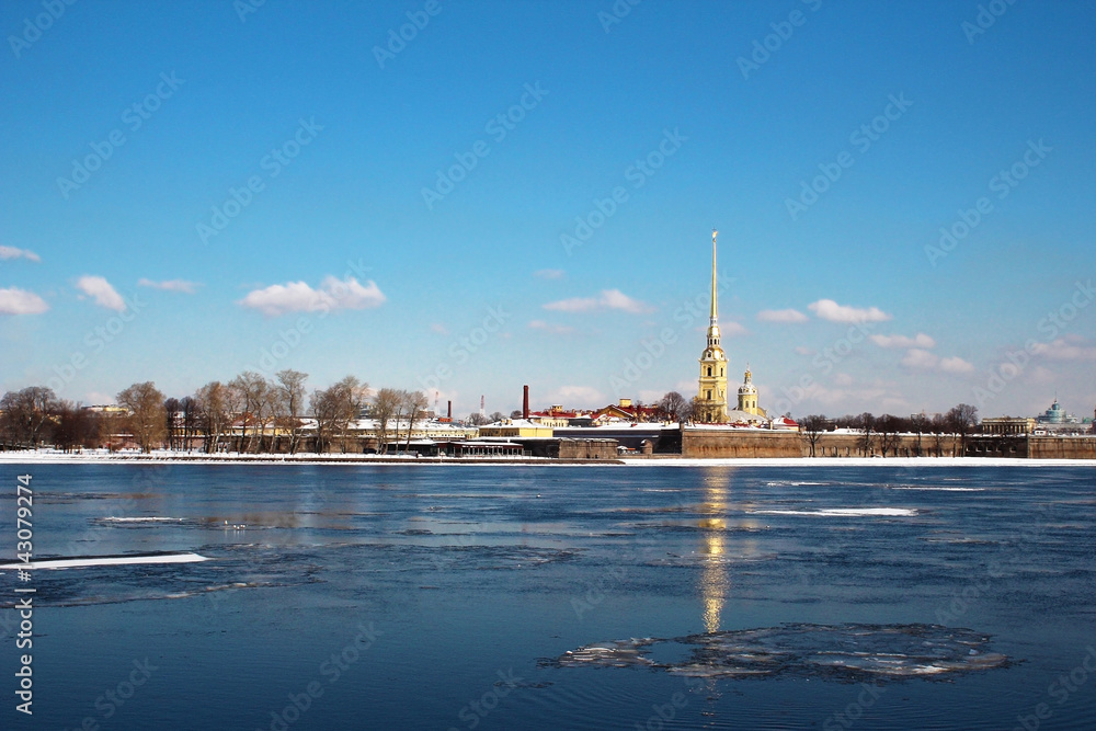 Peter and Paul fortress and the river Neva in the spring