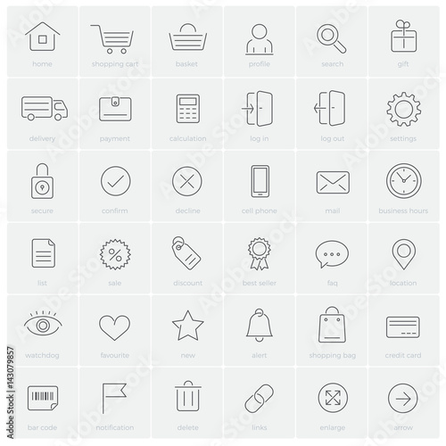 Thin line e-commerce and shopping website icon set with description