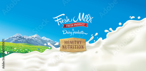 Scenery background with elements of landscape, and splashes from milk, with the inscription and decorative design elements.
