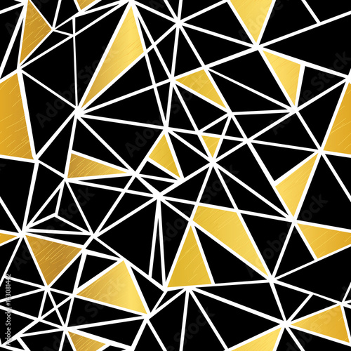 Vector Black, White, and Gold Foil Geometric Mosaic Triangles Repeat Seamless...