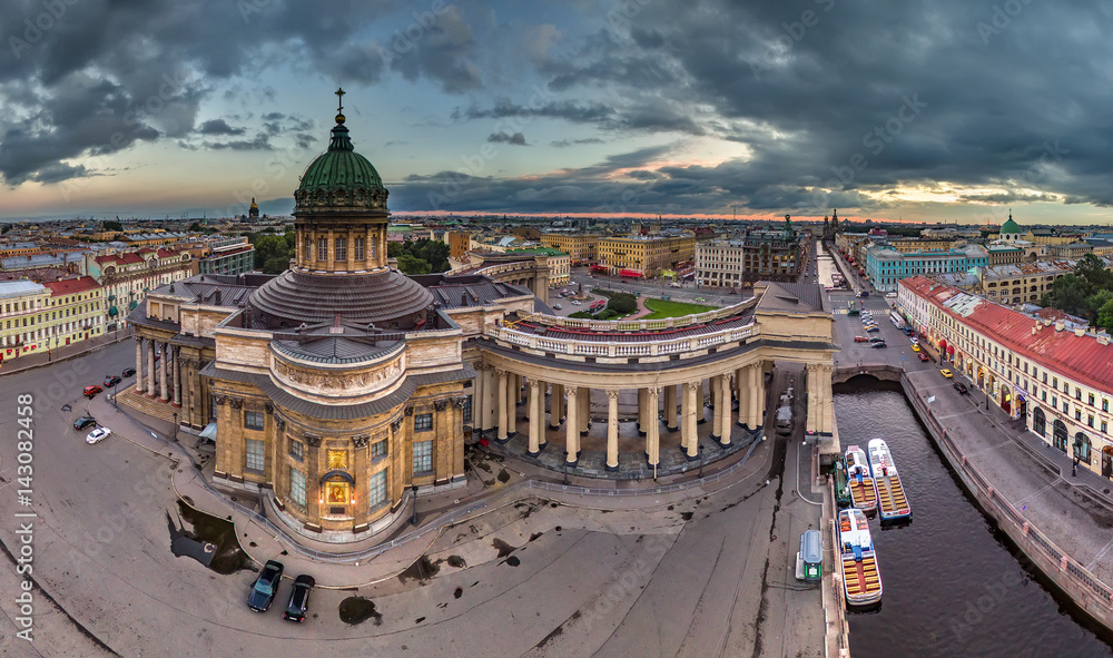 Kazan Cathedral in St. Petersburg. Panorama from the air.