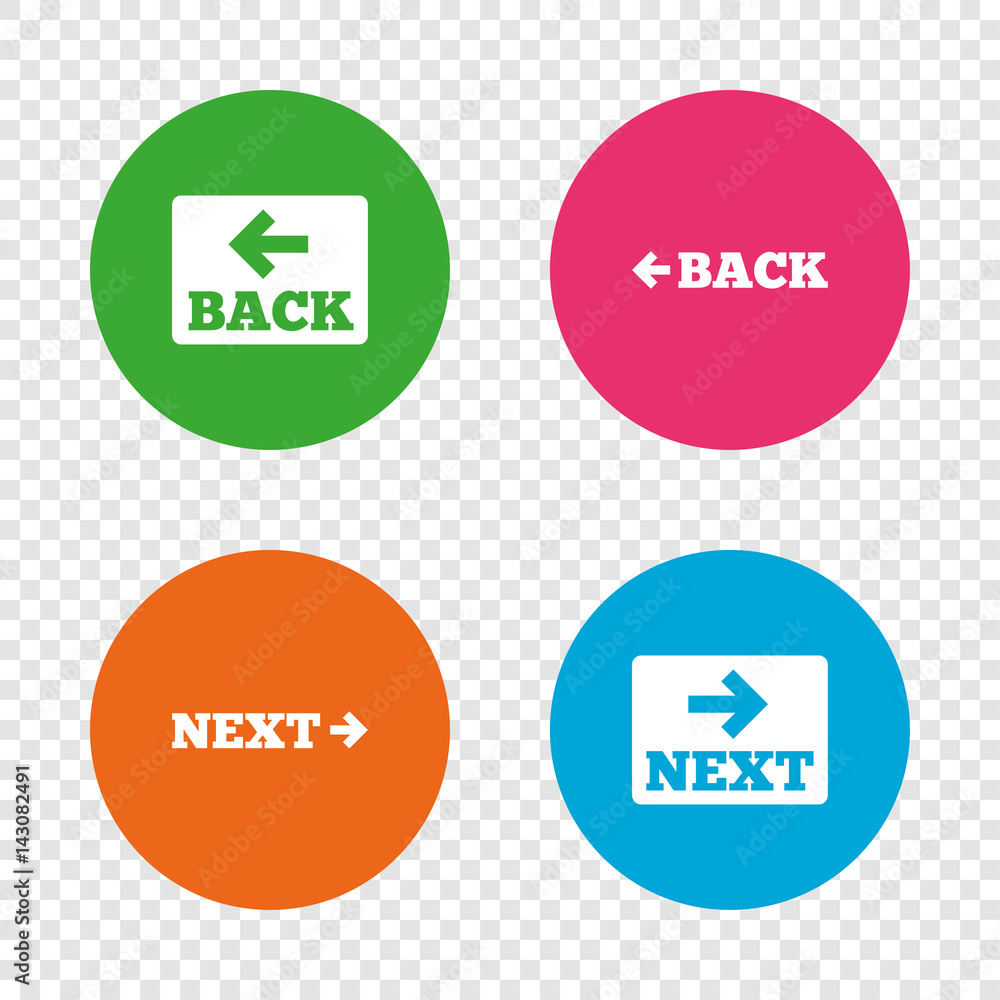 Back and next navigation signs. Arrow icons. Back and next navigation signs. Arrow icons.