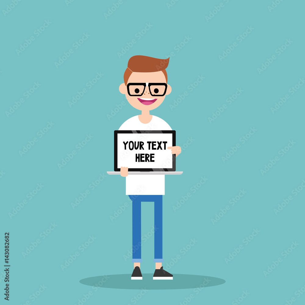 Your text here. Young character holding a laptop / flat editable vector illustration, clip art Your text here. Young character holding a laptop / flat editable vector illustration, clip art