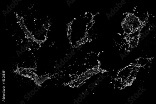 blue water splash set isolated on black background