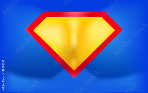 Superhero logo template. Background in the form of a man inflated chest with super abilities. Yellow red shield on a blue background. Vector illustration.