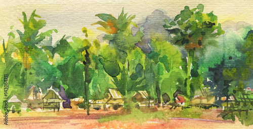 Watercolor tropical landscape. Hand drawn painting palm, mountains, sand, bungalow. Exotic nature illustration