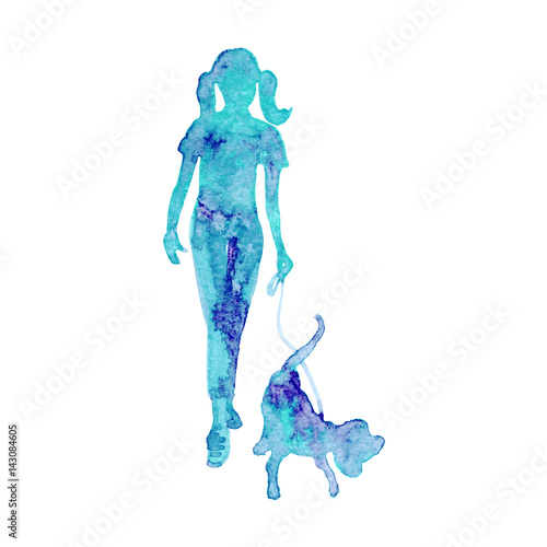 Hand drawn girl and dog on white background. Watercolor silhouette of young woman with dog. Isolated textured fashion illustration