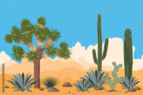 Desert pattern with joshua trees, opuntia, agave, and saguaro cacti. Mountains background.
