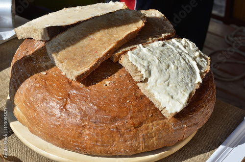 Fresh rye bread. Slice of bread with paste. Czech Republic.