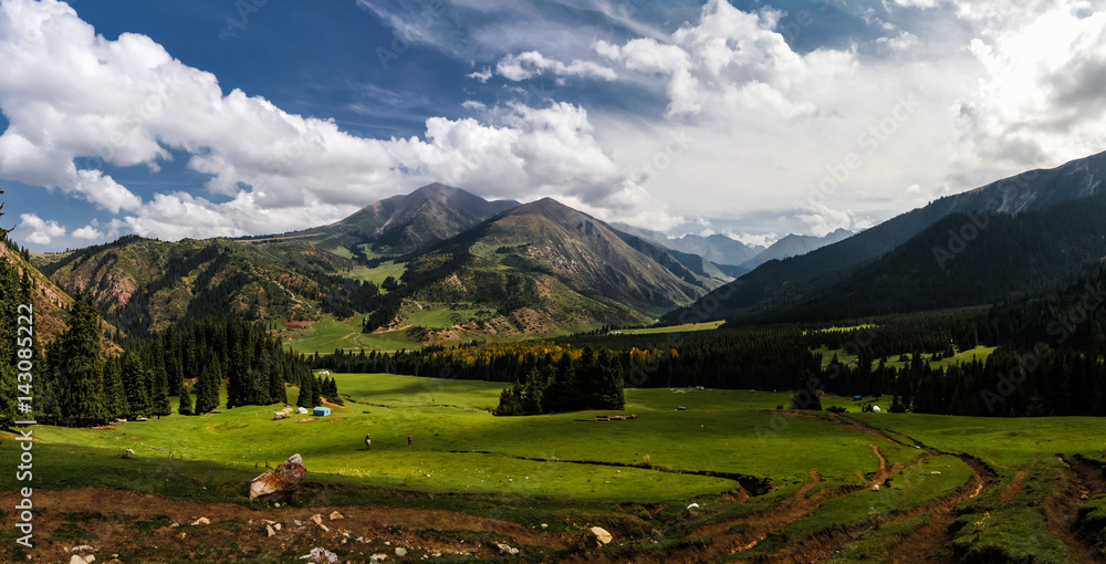 Panorama view to Jeti-Oguz aka Seven Bulls valley in Kyrgyzstan - obrazy, fototapety, plakaty 