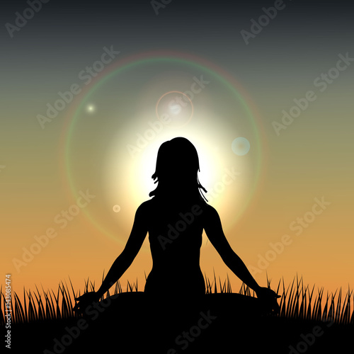 Silhouette of a Woman acts yoga against the sunrise. Vector illustration