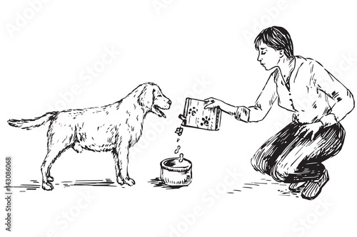 Young woman feeding dog (Labrador), hand drawn doodle, sketch in pop art style, black and white vector illustration