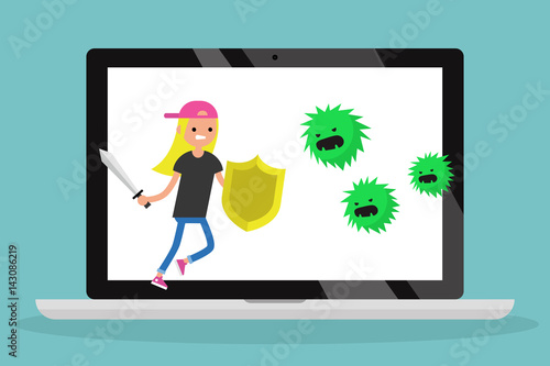 Young blond girl fighting against virus / flat editable vector illustration, clip art