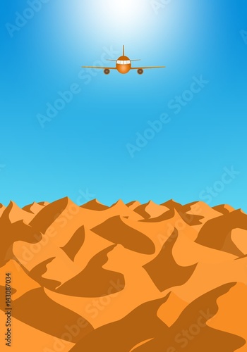 Summer holiday desert landscape with brown sand dunes with orange flying airliner with engines and windows in the blue sky. Air transport at sunset 