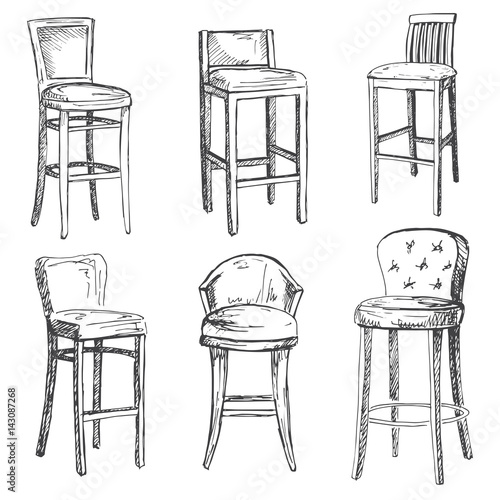 A set of bar chairs isolated on white background.Vector illustration in a sketch style.