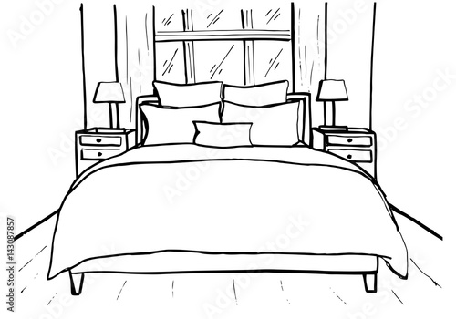 Hand drawn sketch. Linear sketch of an interior. Sketch Line bedrooms. Vector illustration. Room plan.
