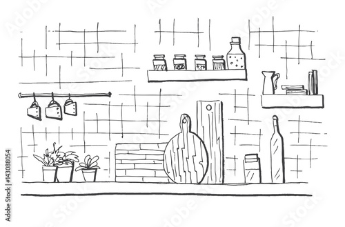 Kitchen worktop. Table top in the kitchen. Vector illustration in sketch style.
