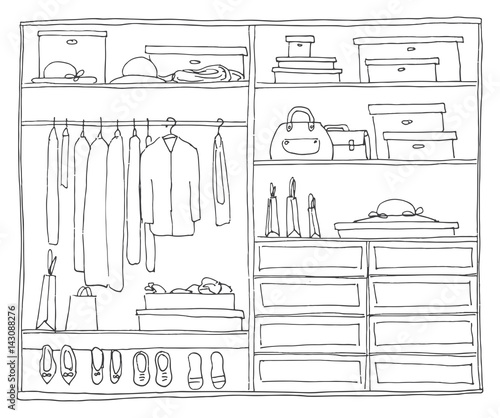 Open wardrobe with clothes on shelves and hangers. Vector illustration of a sketch style.