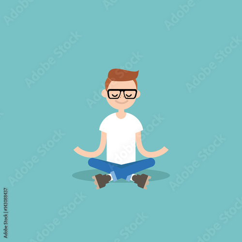 Young nerd meditating with closed eyes in lotus pose. Yoga and meditation / flat editable vector illustration, clip art