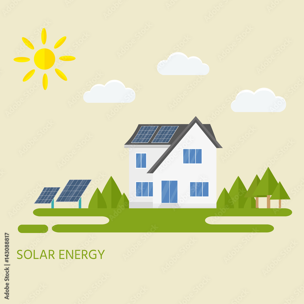 Clean modern house with solar panels. Eco friendly alternative energy. Ecosystem infographics