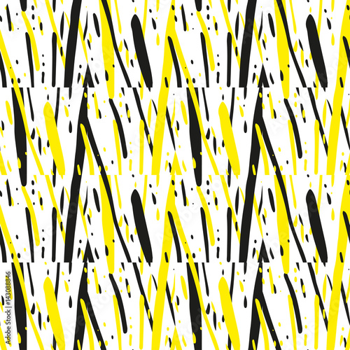 Striped grunge black and yellow texture. Astract geometric seamless pattern with ink brush. Hand drawn illustration background.